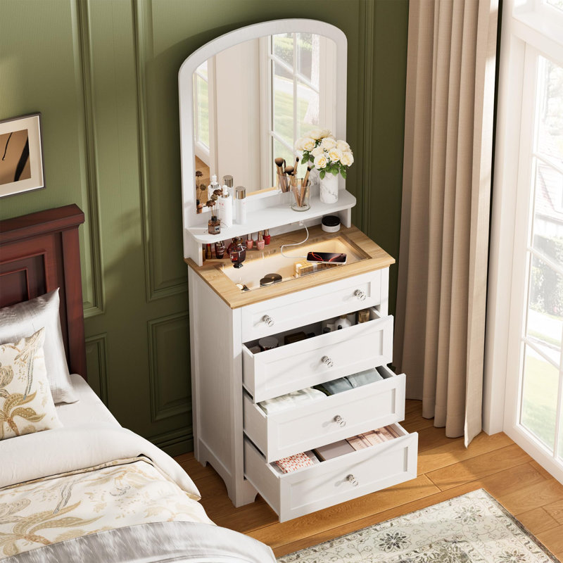 Commode à tiroirs avec station de charge miroir et bande à DEL, armoire à 4 tiroirs avec boutons Cristal, coiffeuse à maquillage moderne
