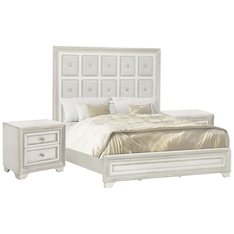 Grand lit tapissier avec 2 tables de chevet Bonaire, Grand lit, Ensemble de 3 pièces : lit, 2 tables de chevet