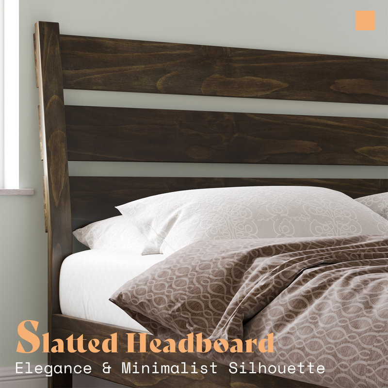 Dark Brown Pine Queen Bed Frame with Slatted Headboard