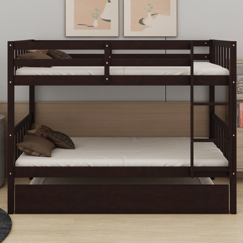 Wood Bunk Bed With Trundle, Convertible Into 2 Individual Single Beds, Espresso