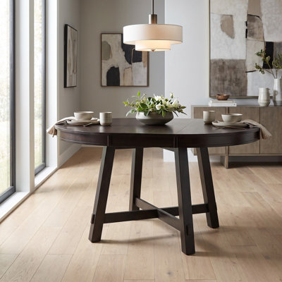 Farmhouse Round Extendable Dining Table with 16" Leaf, Oak Veneer & X-Shaped Base – Round-to-Oval Table for Dining Room and Kitchen