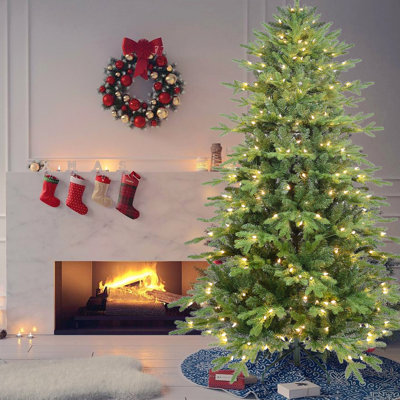 Arbre de Noël artificiel 7,5 pi avec sapin vert articulé avec 450 lumières UL blanc chaud et 2856 pointes, arbre de Noël artificiel de Noël avec base en métal robuste