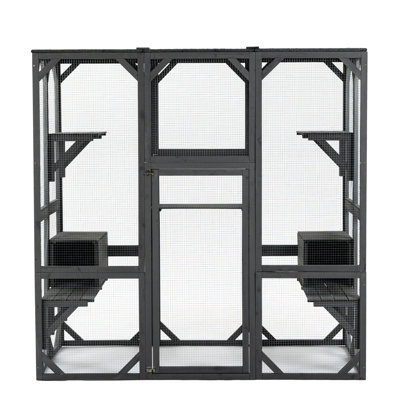 Grey Outdoor Wooden Cat House, 71(L)*37(W)*71(H), Featuring 5 Jumping Platforms, 2 Condos, And A Rain - Protected Environment