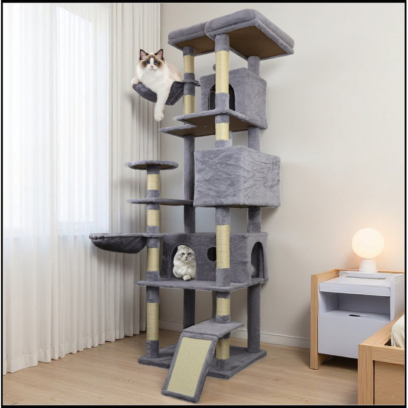 Tour pour arbre à chat 84,6 po gris foncé avec base large, 3 grands condos, 11 poteaux à griffer en sisal, échelle, hamacs et jouets interactifs