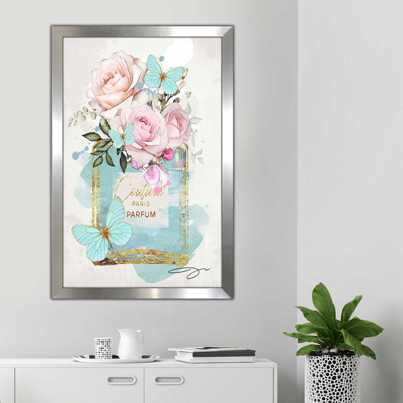 «Parfum Bottle, Flowers & Butterflies (Blue) (Vertical)» par By Jodi - impression, H 27,5 po x l 21,5 po x P 0,75 po
