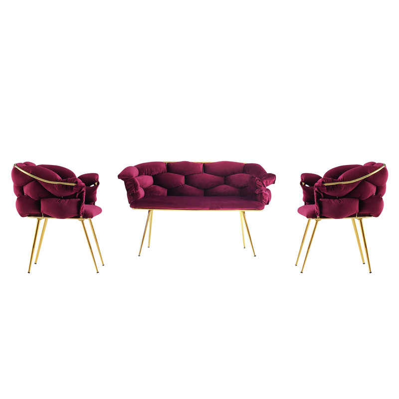 Modern Velvet Sofa Set (3 Pieces) in Plum and Gold | 100% Metal Frame & Melamine Coated Particle Board | 2-Seat Sofa: 53.1 x 31.1 x 25.6 inches, 1-Seat Sofa: 29.5 x 31.1 x 25.6 inches | Stylish & Durable, Perfect for Glam Living Rooms