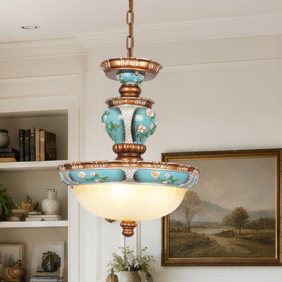 15 Inch 3-Light Vintage Blue Floral Pendant Chandelier With Bulbs