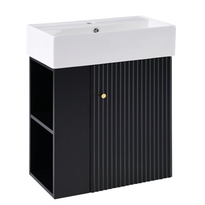 Modern Bathroom Cabinet With Ceramic Basin - 21.6", Left Side Storage, Black Excite 21.6 Inch Vanity Black, Basin, Enrapture