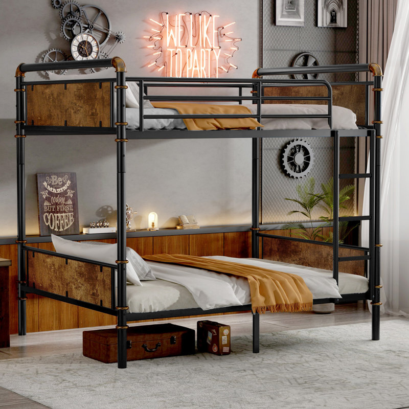 Lit superposé simple TG au-dessus de simple TG, conception industrielle avec garde-corps et cadre amovible pour adolescents, noir