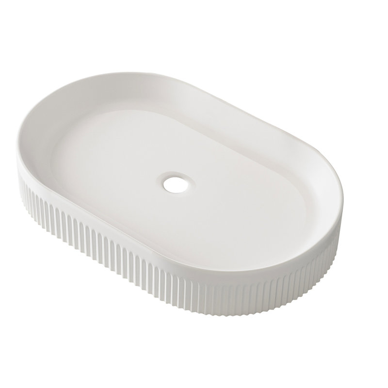 Meuble-lavabo en céramique blanc de 22,8 po avec lavabo vasque ovale et corps à rayures verticales, drain escamotable central