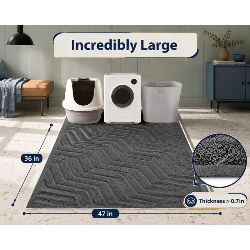 Premium gray PVC litter box pad in XXL 47 x 36 size, featuring durable trapping construction, phthalate-free material, urine resistance, and scatter control.
