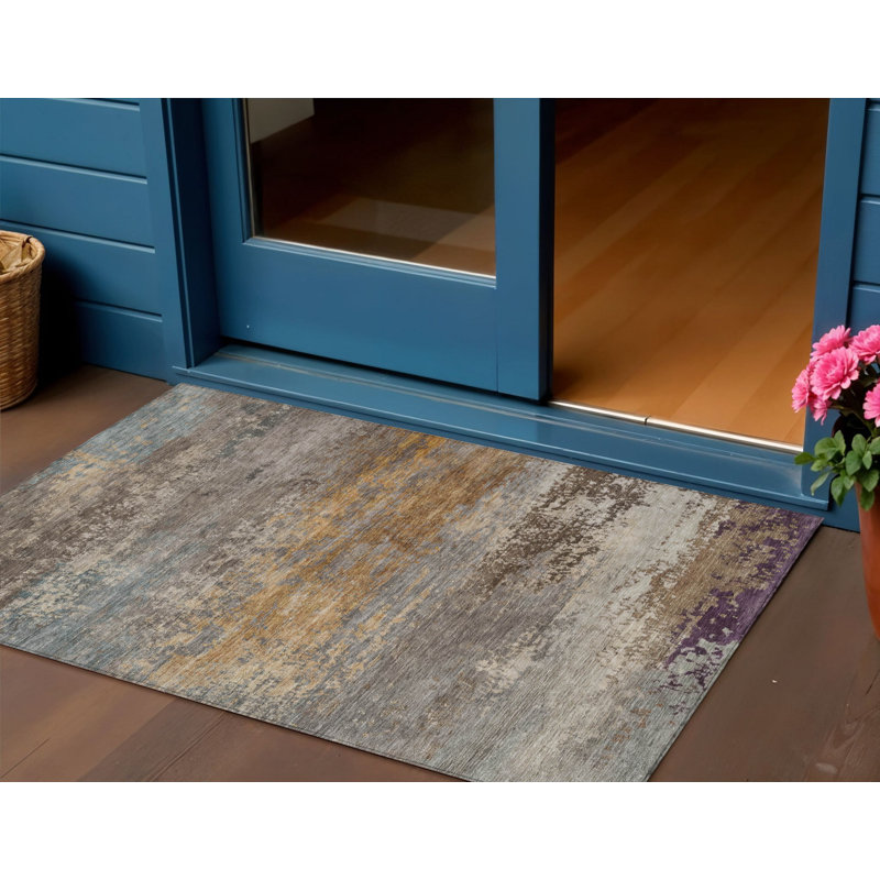 3' X 5' Brown Gray And Purple Abstract Washable Indoor Outdoor Area Rug