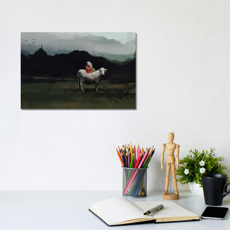 Girls On The Cow by Anikó Salamon - Wrapped Canvas Print, 20.32cm H x 20.32cm W