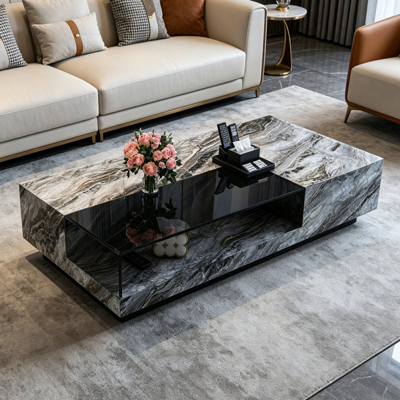 Table basse rectangulaire en ardoise avec rangement ouvert, H 11,81 po x L 55,11 po x l 31,49 po, Noir/gris