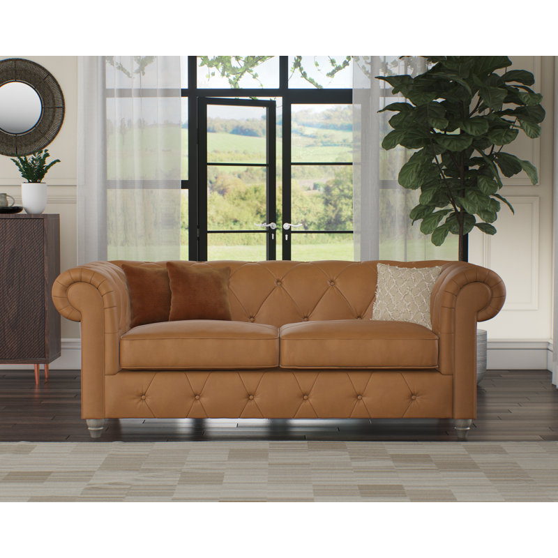 Melrose 3 Seater Leather Sofa, Saddle, Washed Oak