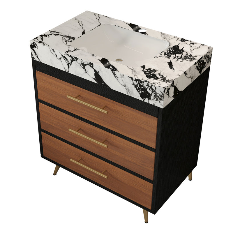 Meuble-lavabo de style milieu du siècle avec lavabo en céramique, comptoir en pierre frittée et structure stable en acier. Pieds de salle de bain en acier inoxydable, rangements pratiques.