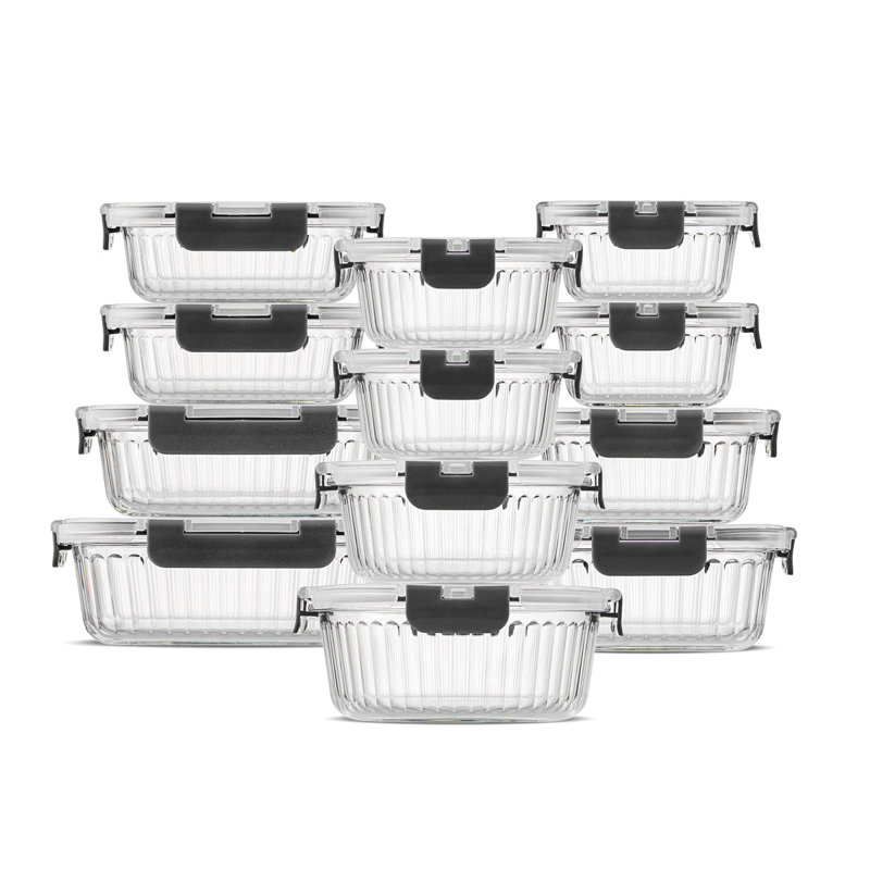 JoyJolt Fluted Glass Food Storage Containers with Leakproof Lids, Set of 12, Black