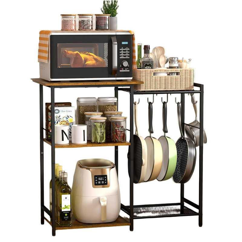 Kitchen Stand With Pots Rack, Utility Microwave Oven Stand With Storage, Rustic Brown
