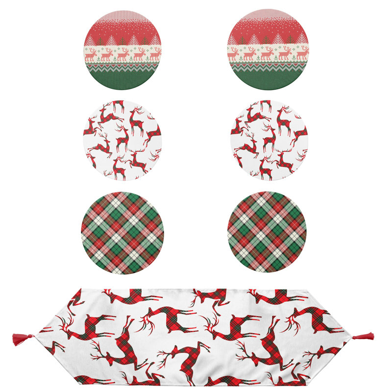 Ensemble de napperon et de table rond 7 pièces Christmas and Holiday, parfait pour les dîners des Fêtes, Rouge, Motif Animal