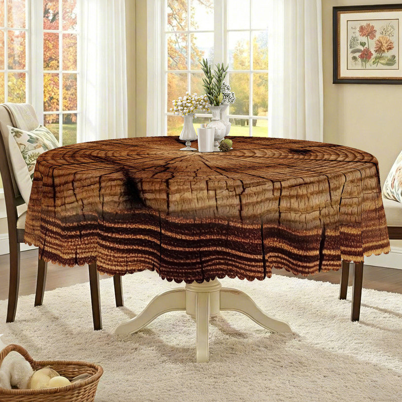 Machine-washable polyester tablecloth with woodgrain pattern design