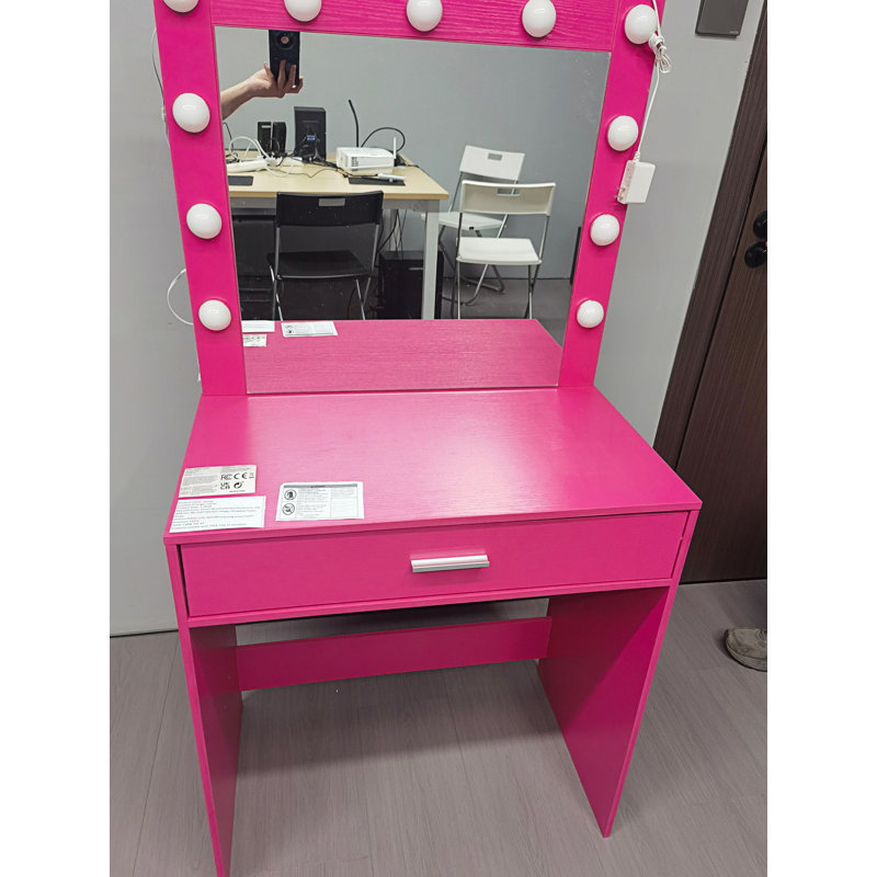 Bureau de coiffeuse avec miroir et lumières, coiffeuse avec 1 grand tiroir, Rose