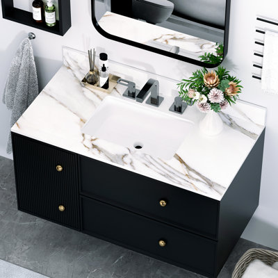 Dessus de meuble-lavabo blanc 43 po - avec lavabo rectangulaire en céramique, texture de meuble-lavabo 43 po et dosseret de 4 po, 8 trous de robinet, pierre frittée, conception American Bath