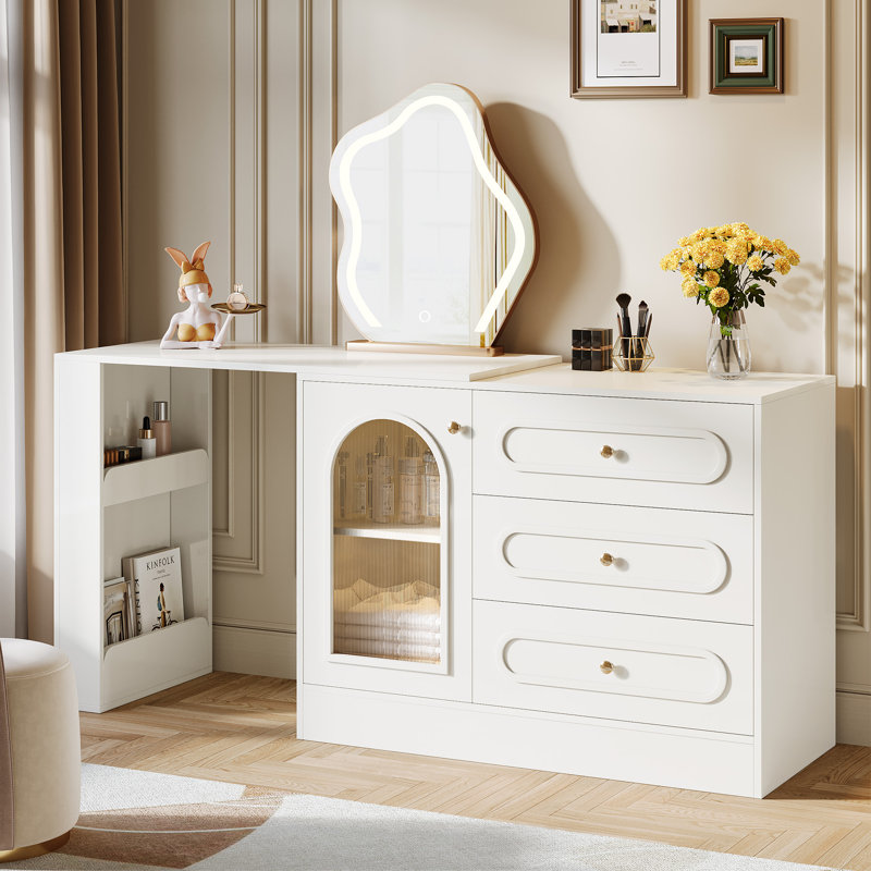 Meuble-lavabo moderne avec 3 tiroirs et armoire Ebern Designs, coiffeuse d'angle avec tablette et porte en acrylique (sans miroir)