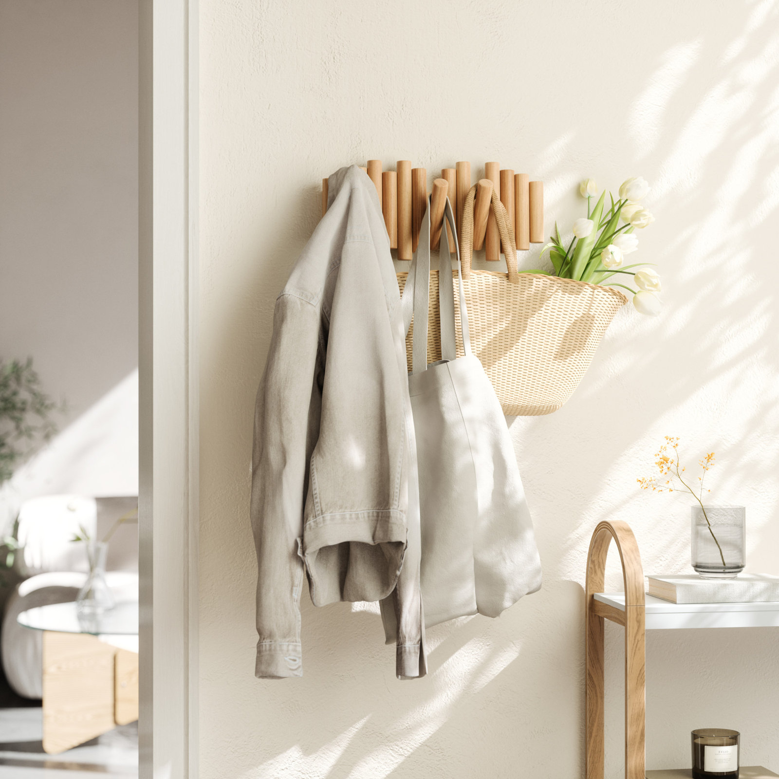 5 - Hook Solid Wood Coat Rack, Light Brown