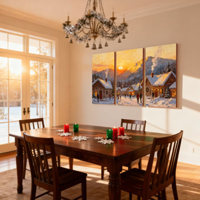 Christmas Winter Village Sunset Snowy Scene Set of 3 Canvas Wall Art Prints
