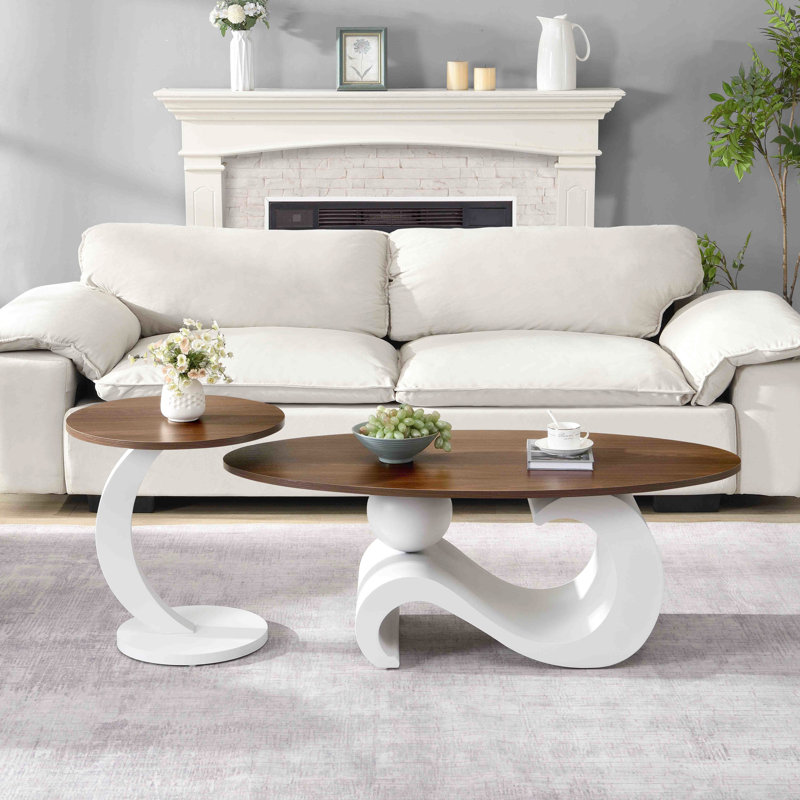 2 tables gigognes ovales et rondes blanches pour l'espace de vie, table basse de 47,24 po, cadre latéral à haute résistance de 19,69 po, patins à gratter