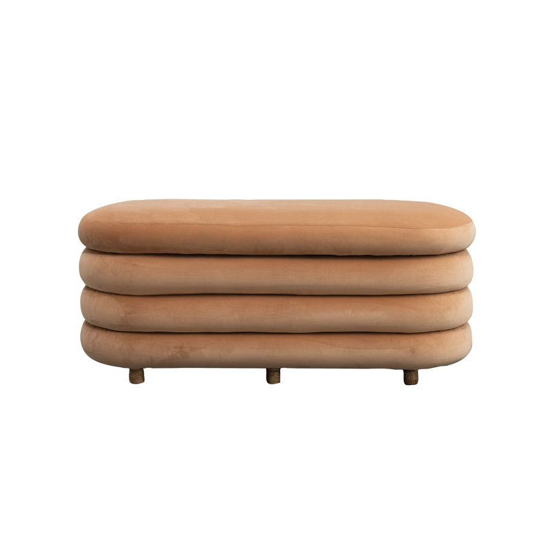 Banc rembourré en velours et en bois avec rangement et pieds en bois de manguier