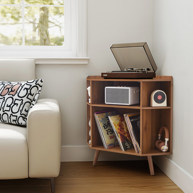 Corner Record Player Stand With Charging Station, Walnut
