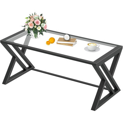 Modern Rectangular Glass Coffee Table For Living Room, Center Table With Tempered Glass Top And Sturdy Metal Frame, Suitable For Bedroom, Home, Or Office Use