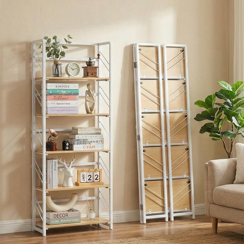5-Tier Folding Bookshelf with No Assembly, Industrial Style Bookcase with Metal Frame and Brown Wood Shelves, Space-Saving Storage Rack