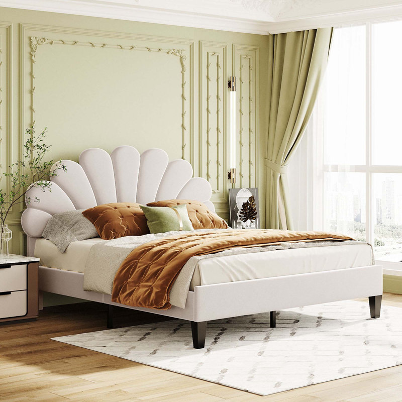 Grand lit plateforme tapissier avec tête de lit en velours à motif floral, Beige, Grand lit