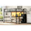 Lit mezzanine double en métal de couleur noire avec bureau, escalier de rangement, garde-robe et conduit, moderne et pratique