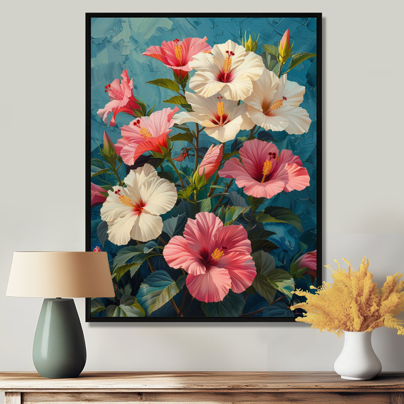 «Vibrant Dance of Pink Blue Hibiscus II - Hibiscus», art mural, Cadre flottant noir, H 16 po x l 32 po