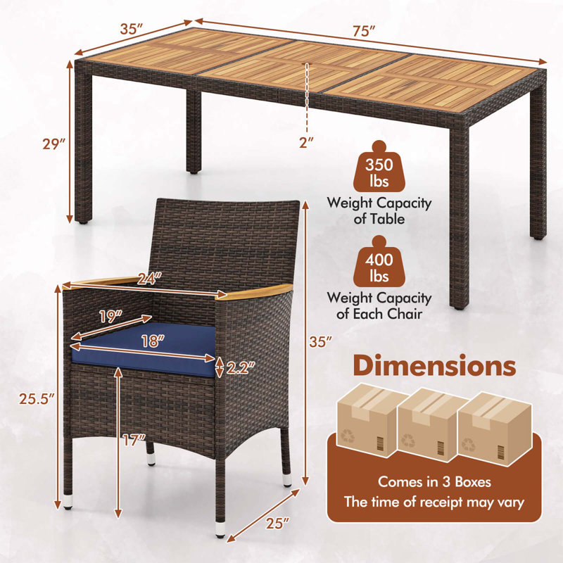 8-Person PE Wicker Patio Dining Set with Acacia Wood Tabletop, Navy