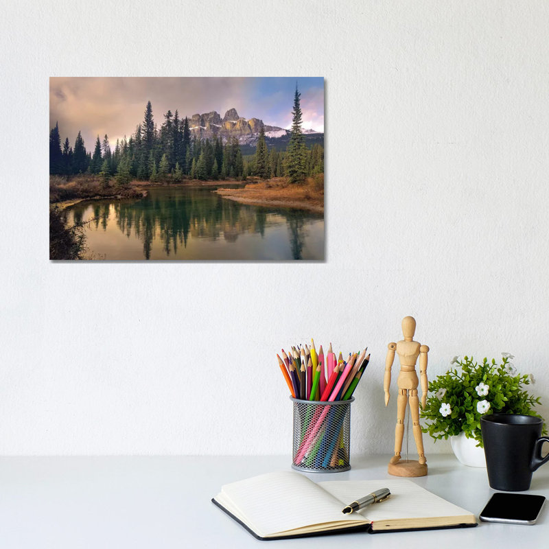 Castle Mountain And Boreal Forest Reflected In Lake, Alberta, Canada by Tim Fitzharris - Wrapped Canvas Print