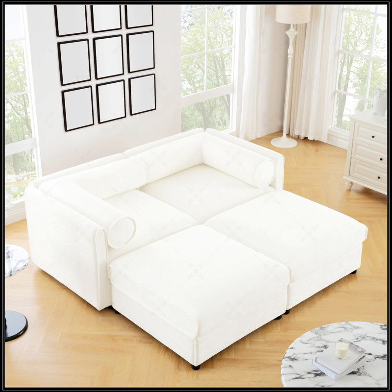 Canapé 2 places en chenille avec 2 repose-pieds, Blanc