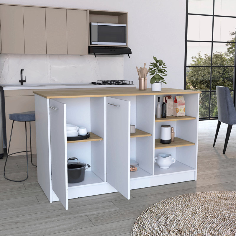 Stylish and Functional Kitchen Island Leoti, for Additional Storage and Workspace in Modern Kitchens, Natural Wood/White