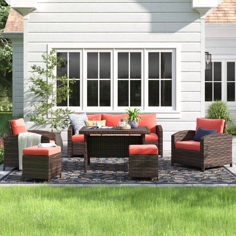 Parkhurst 5-Person Woven Rattan Patio Conversation Set with Cushions, Orange