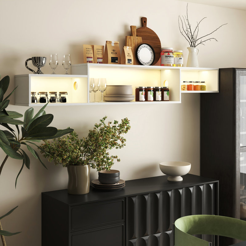 Meuble télé flottant mural 65,35 po avec 20 DEL de couleur et station de charge, Blanc