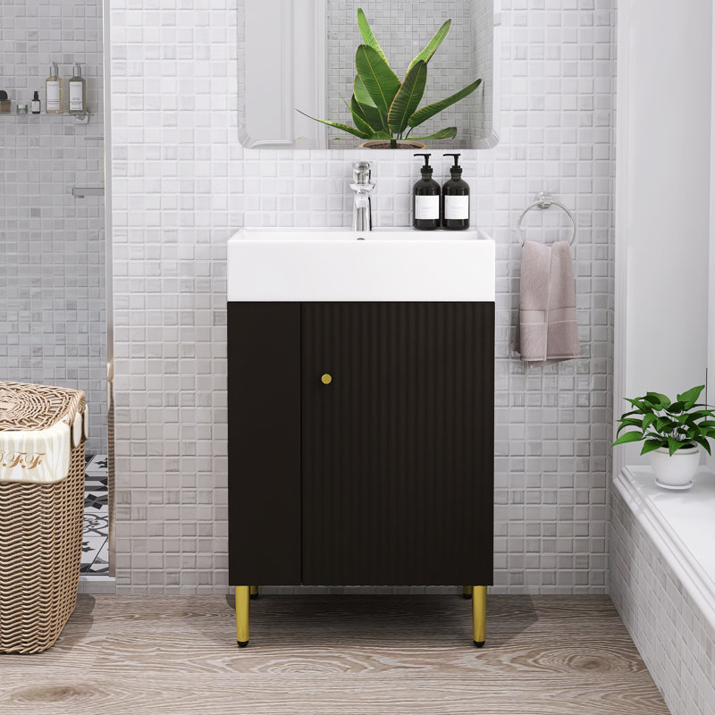 Petit meuble-lavabo de 21,6 pouces avec rangement à gauche, lavabo en céramique, Noir