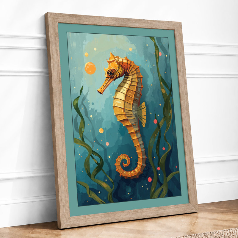 Striped Seahorse Coastal - Framed Print, A1 - 84.1 x 59.4 cm, Oak