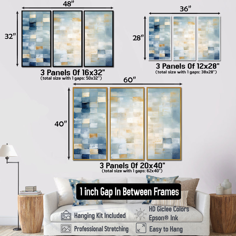 Carrés cubiques bleus apaisants - ensemble d'art mural abstrait, Encadrement argenté, H 32 po x l 48 po x P 1 po
