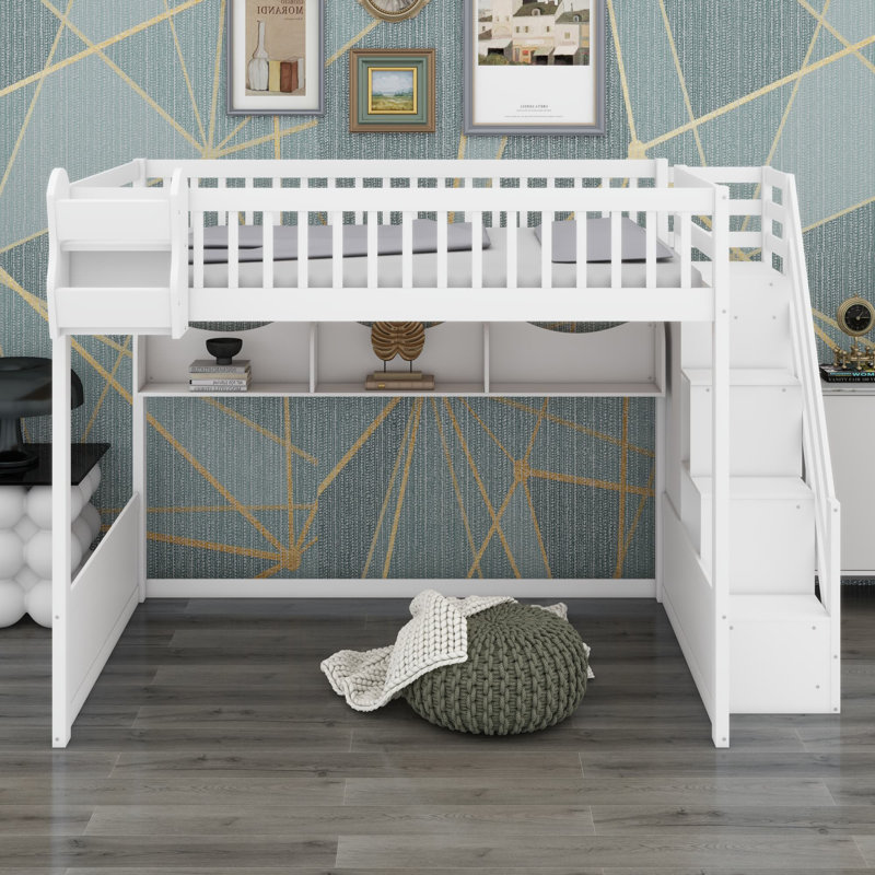 Ebern Designs Wooden Loft Bed With Staircase And Wardrobe - Wayfair Canada