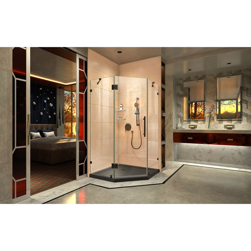 Prism Lux 38" W x 38" D x 74.75" H Frameless Neo-Angle Hinged Shower Enclosure with Base Included, Matte Black/Black