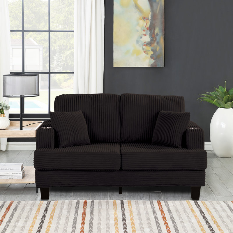 60" Wide Square Arms Upholstered Loveseat with Cup Holders and Pockets, Black Corduroy