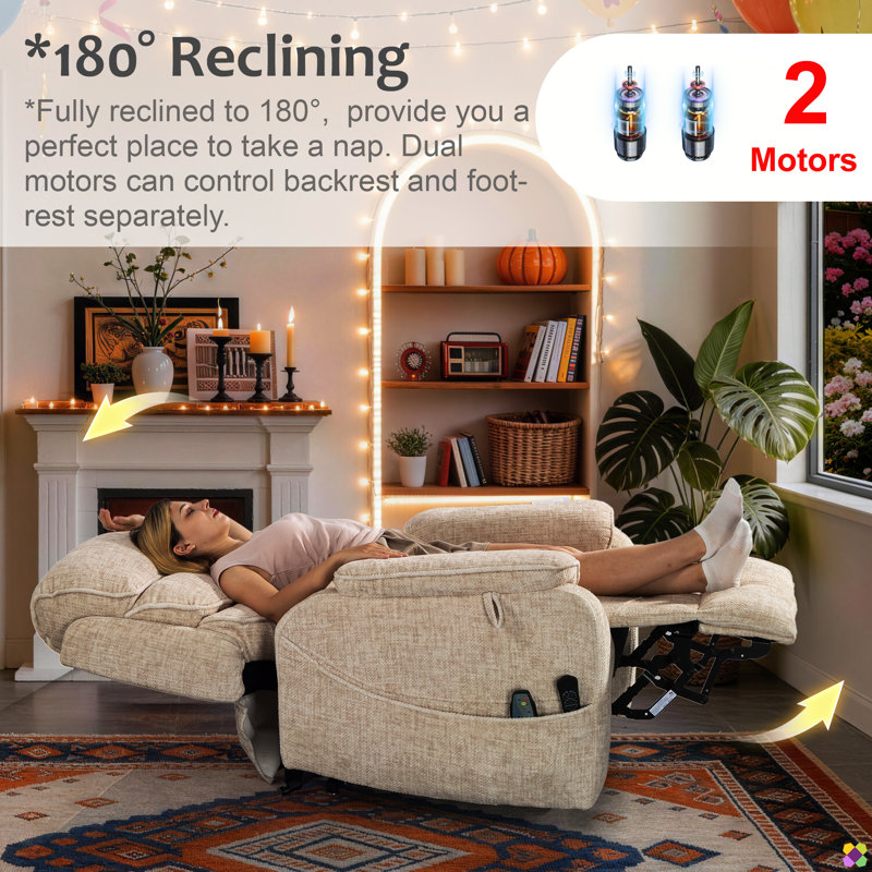 Emryn 36.2"W Chenille Liftable Recliner, Dual Motors, Cup Holder & Phone Charger, Light Beige